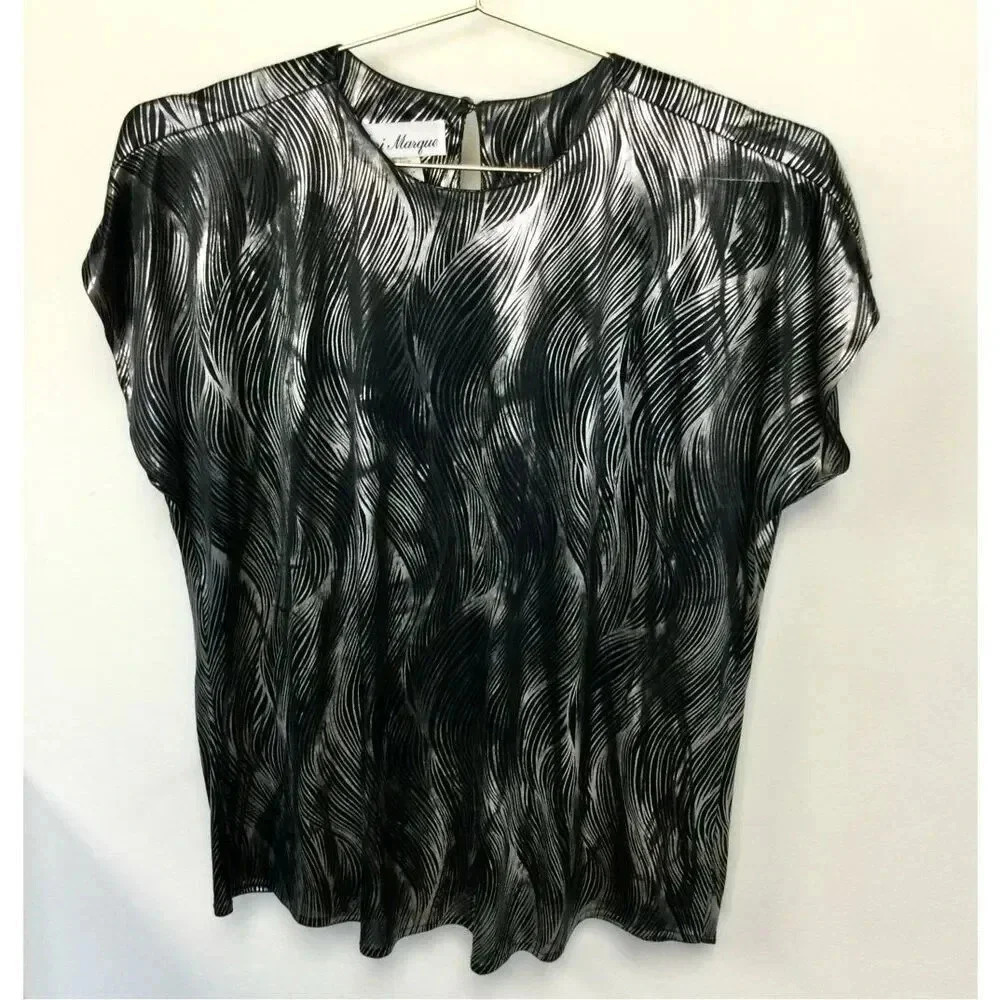 Jeri Marque Womens Silver Black Swirled Metallic‎ Top Size Medium Vintage
